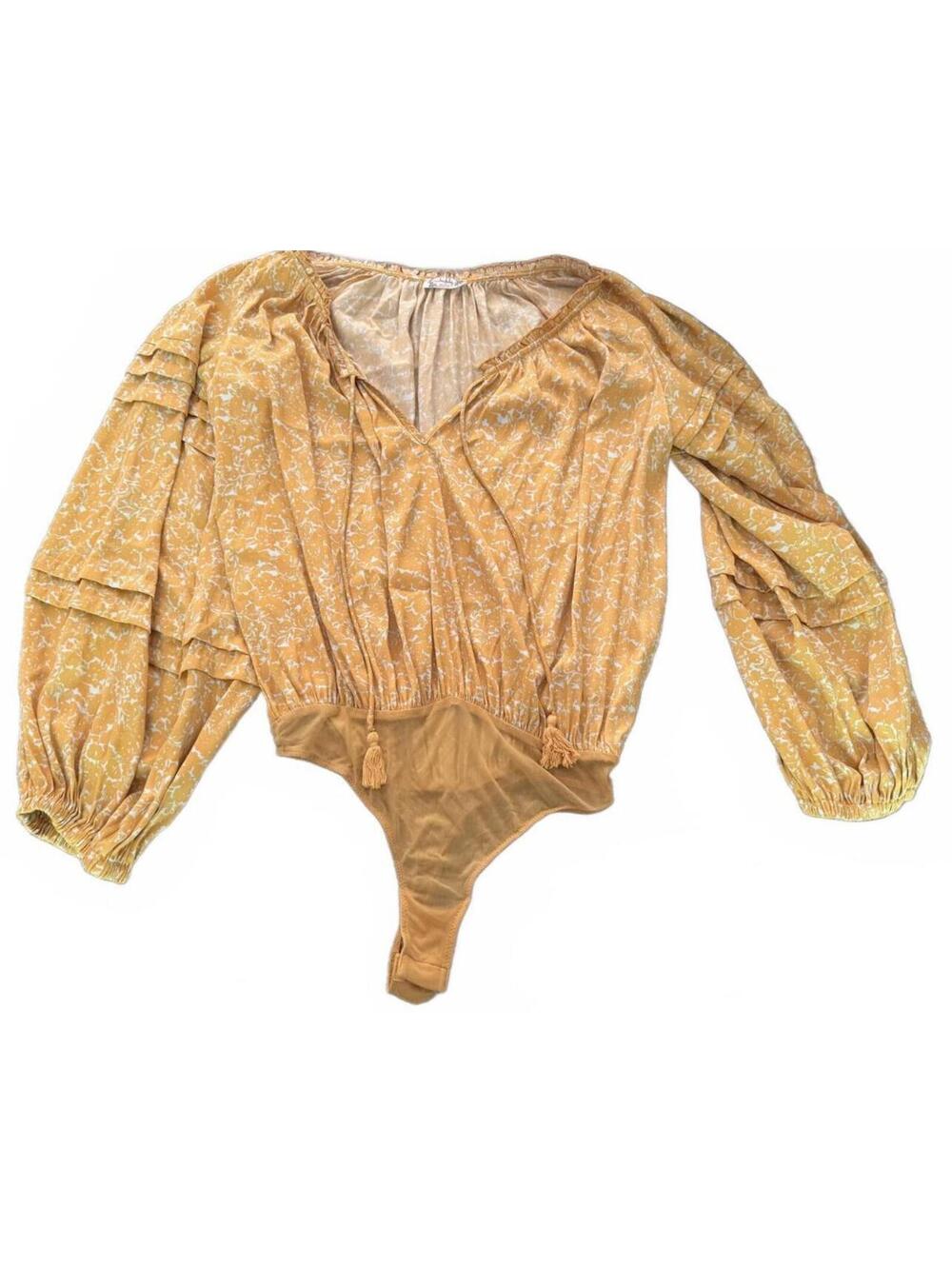 Intimately Free People Bodysuit Women’s XS Yellow All Tucks Printed Tassel